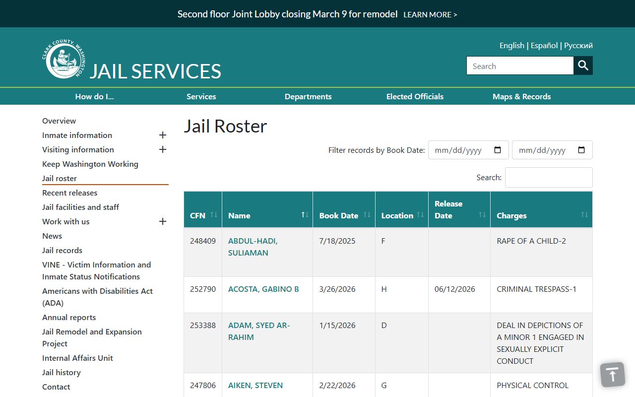 Clark County recent arrests jail roster
