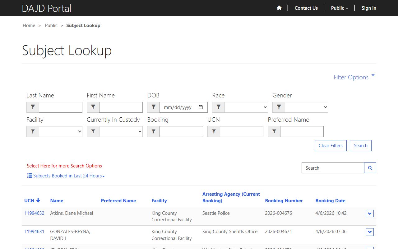 King County recent arrests jail inmate lookup