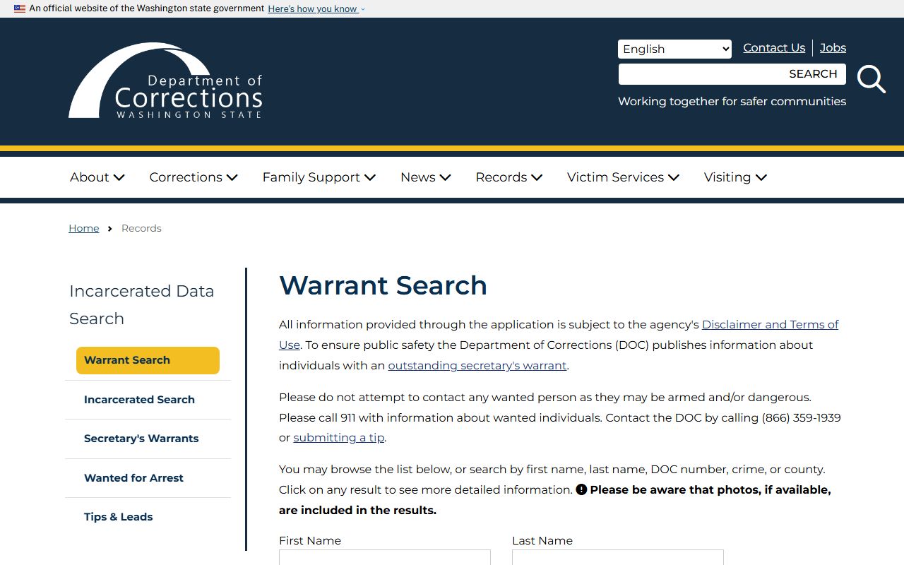 Washington recent arrests DOC warrant search source