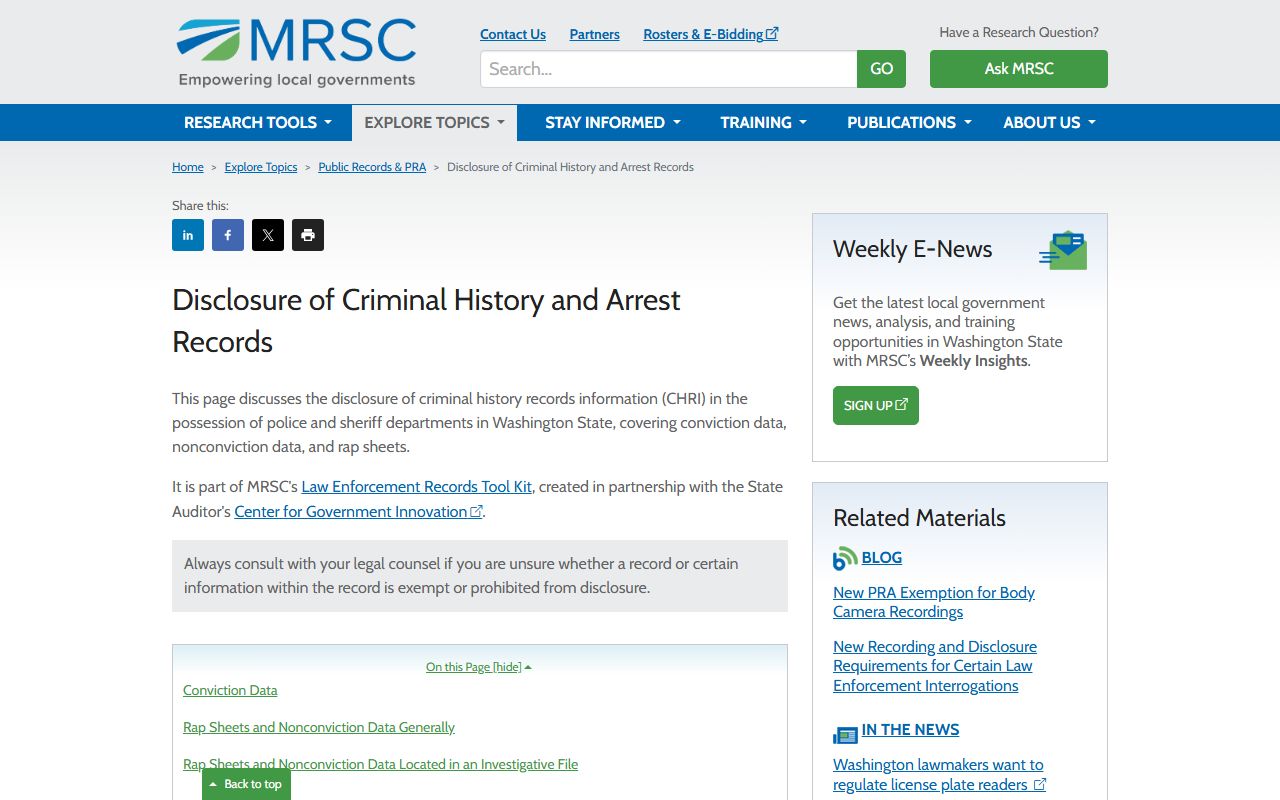 Washington recent arrests MRSC guide source